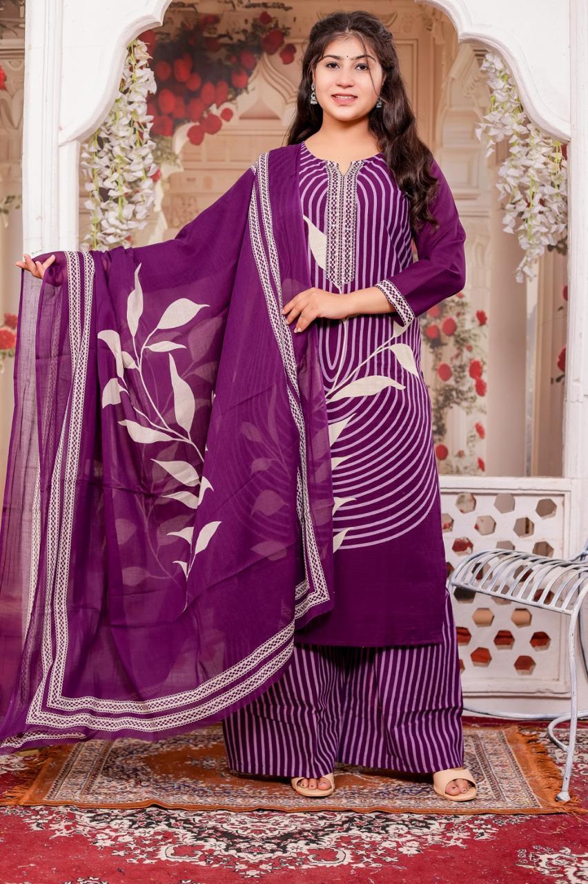 Women Cotton Rayon Embroidered Printed Aline Kurta Pant With Dupatta Set(Purple)