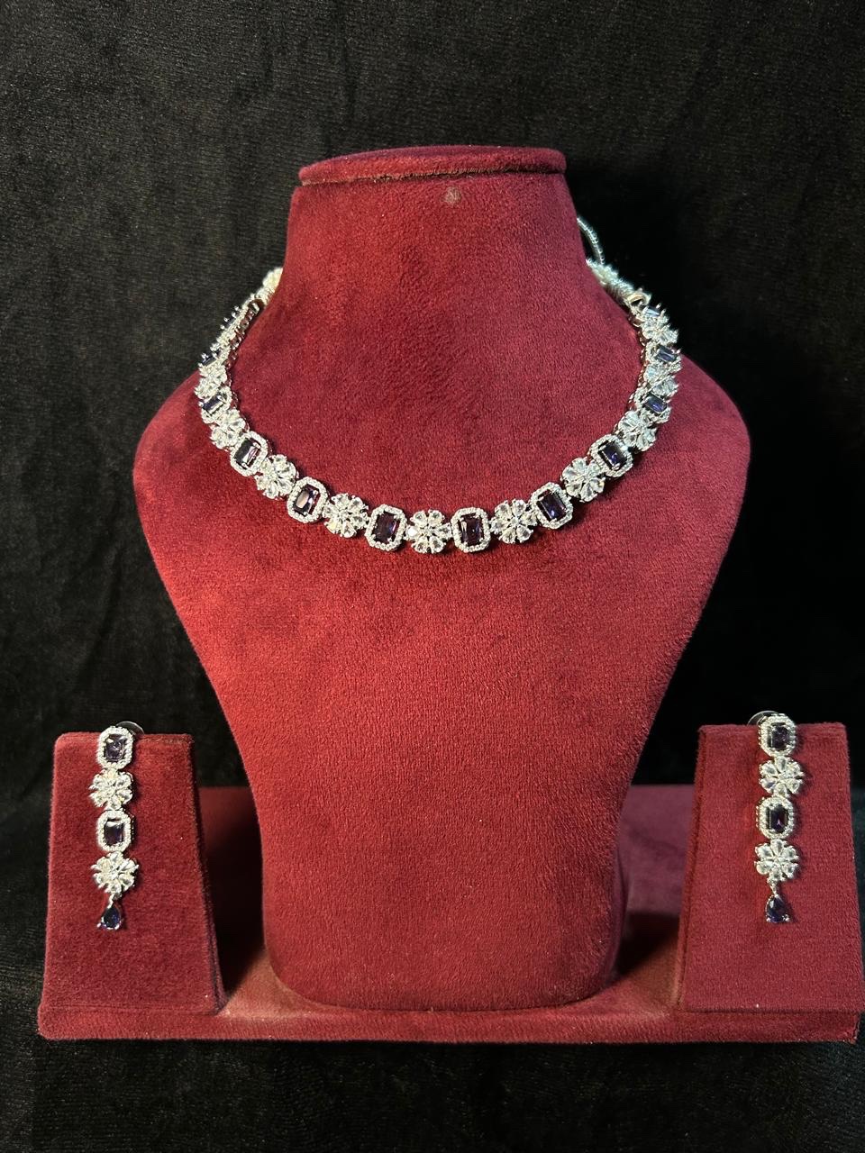 Rhodium plated American diamond adjustable necklace