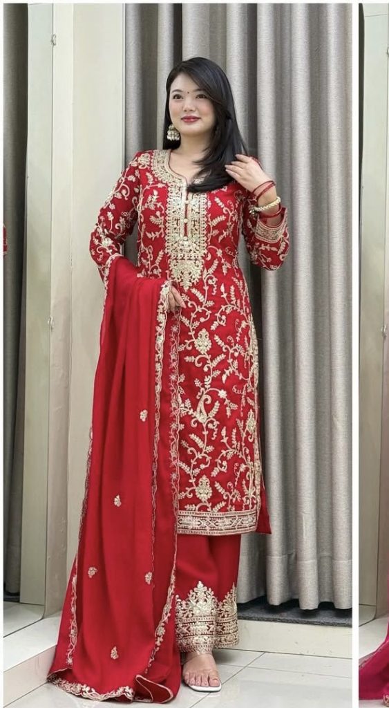Red designer suit heavy work for karwa chauth