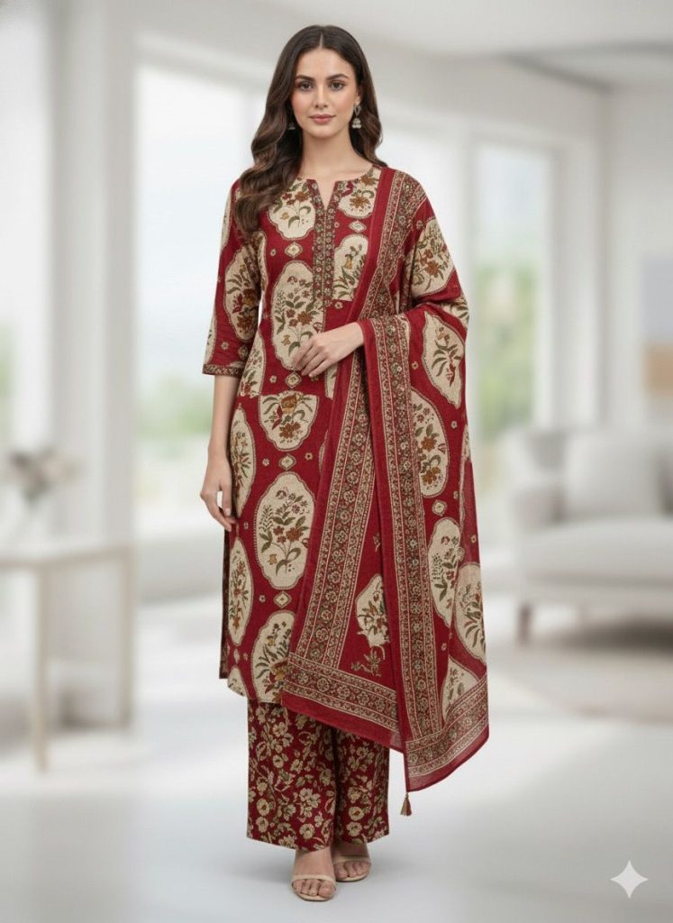 Rustic Red Floral Print Kurta Set