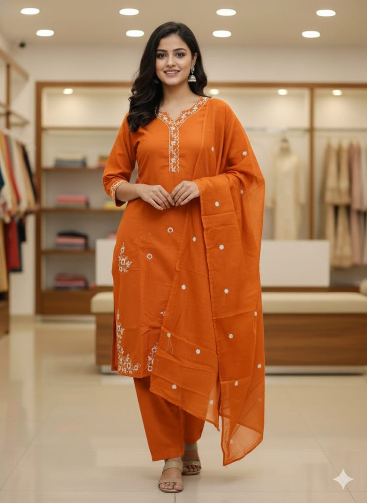 Embroidered Cotton Kurta Set with Dupatta