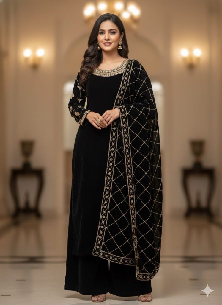 Party Wear Black Velvet Embroidered Suit