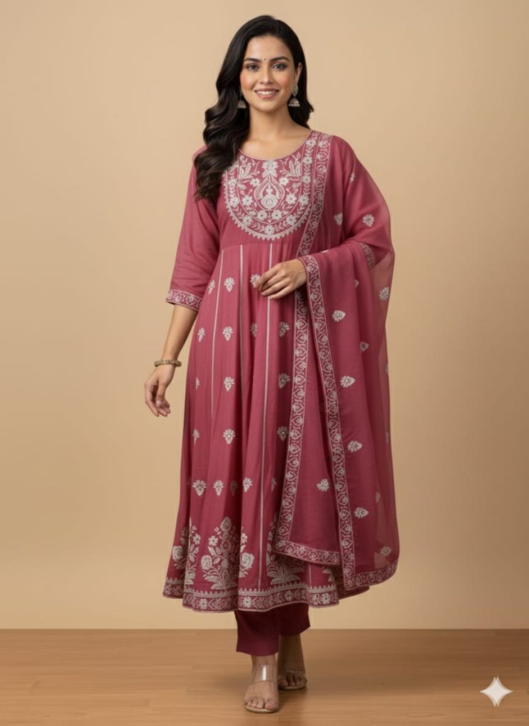 embroidered Anarkali kurti pant with dupatta set