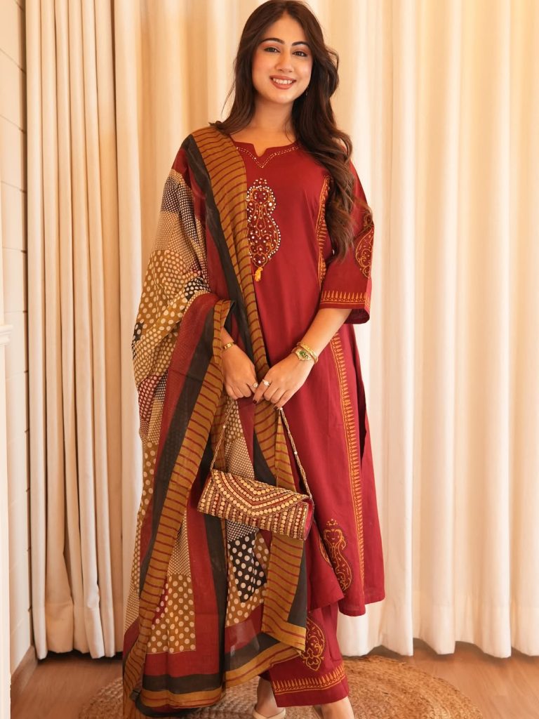 Ethnic Printed Cotton Maroon Kurta Set with Dupatta