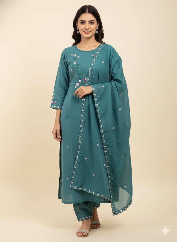 Teal Blue Embroidered Kurta Set with Dupatta