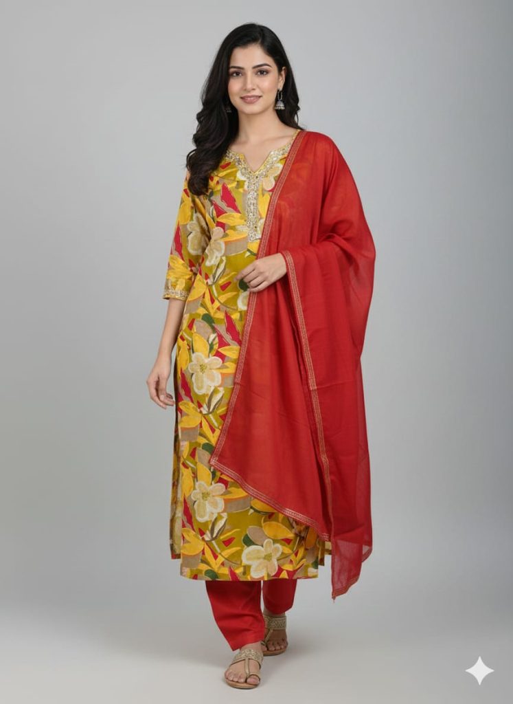 Traditional Rayon Floral Salwar Suit Set with Dupatta