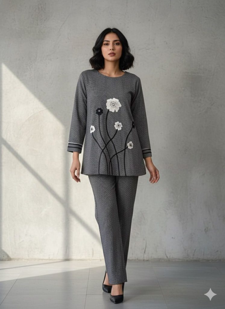 Charcoal Floral Embroidered Two-Piece