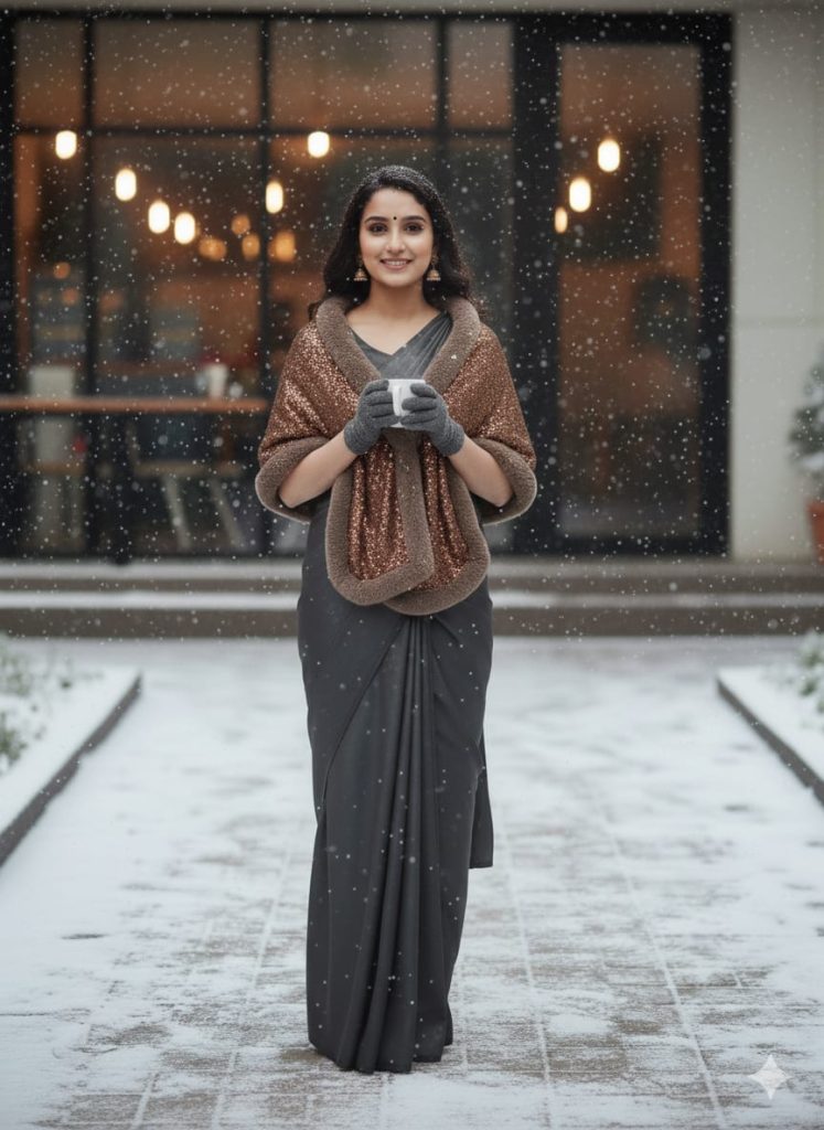 Sequined Stole with Faux Fur Trim