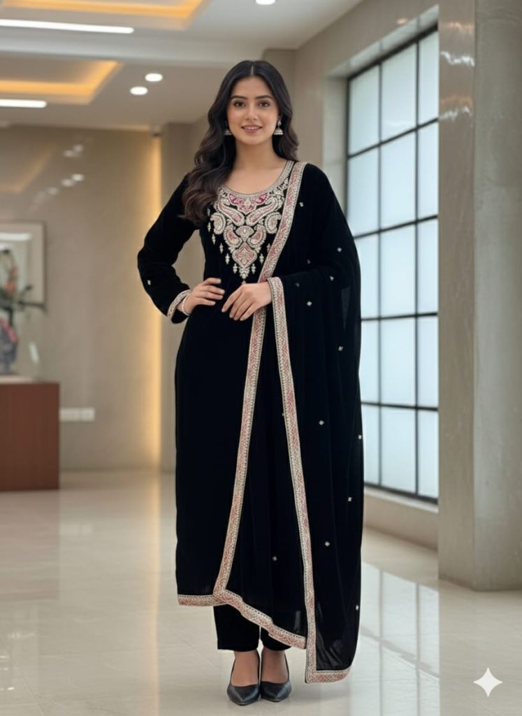 Black Velvet Embroidery Work Suit