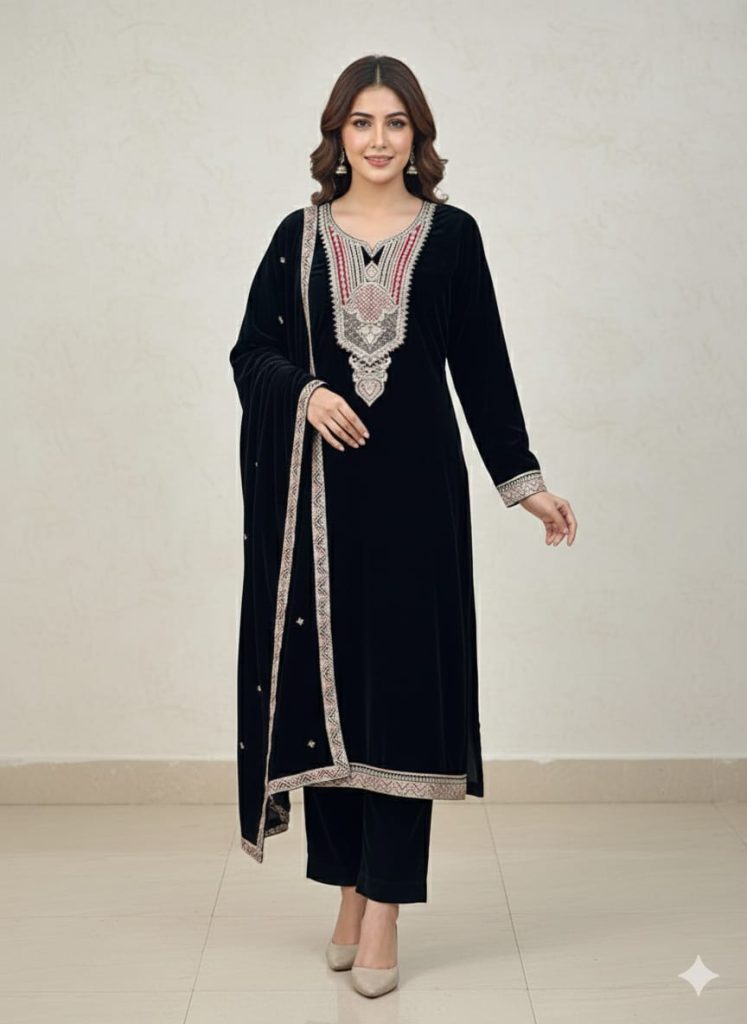 Dark Blue Velvet Embroidery Work Suit