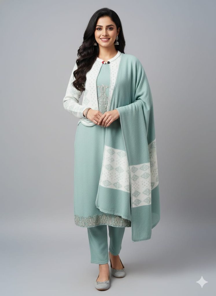 Woolen Sleevless Kurti Set with Jacket