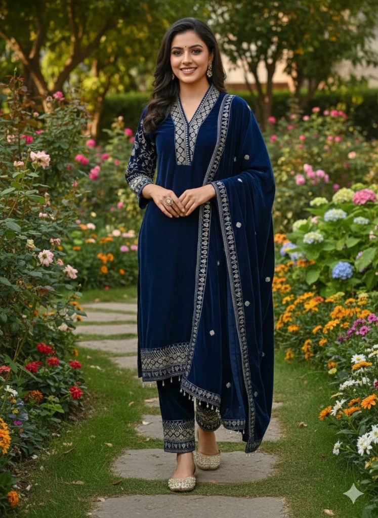 Embroidered Velvet Straight Kurta Set
