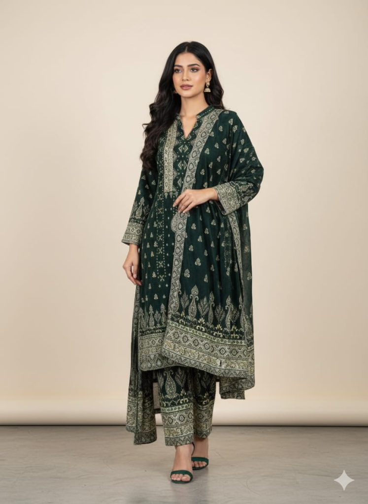Dark Teal Brocade style Three piece Outfit
