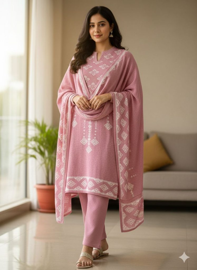 Embroidered Woolen Kurta Set with Shawl