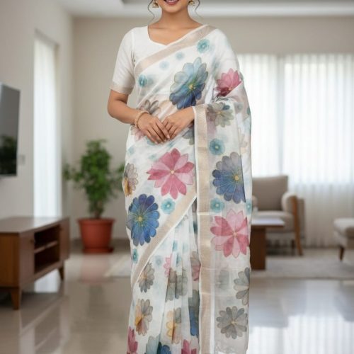 Floral Printed Organza Saree