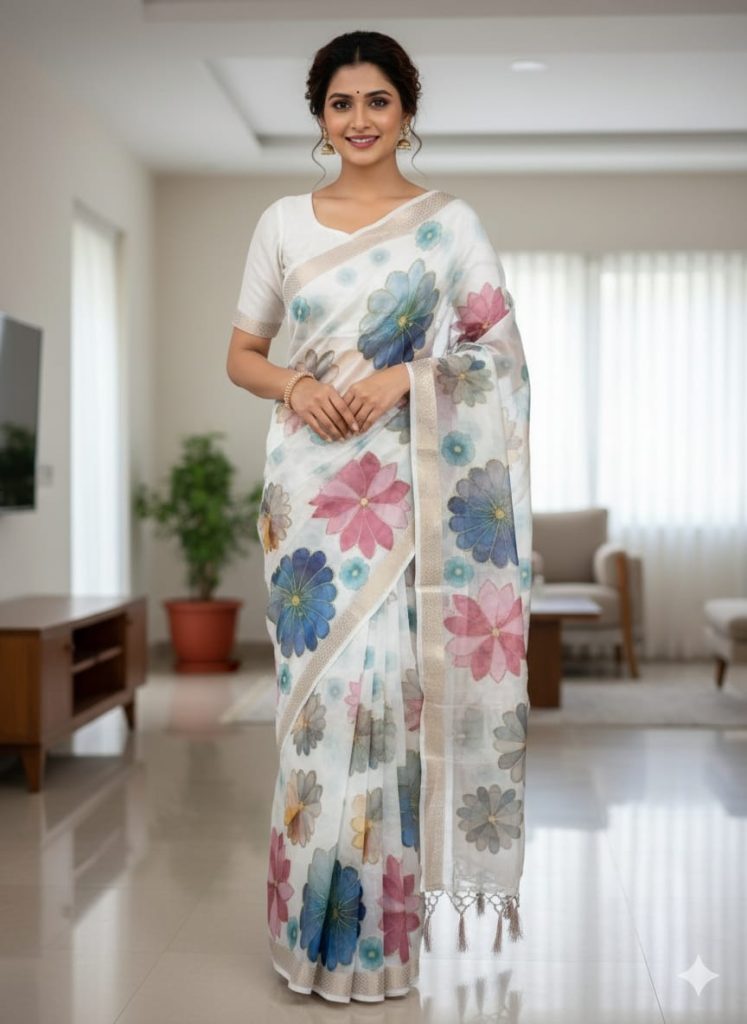 Floral Printed Organza Saree