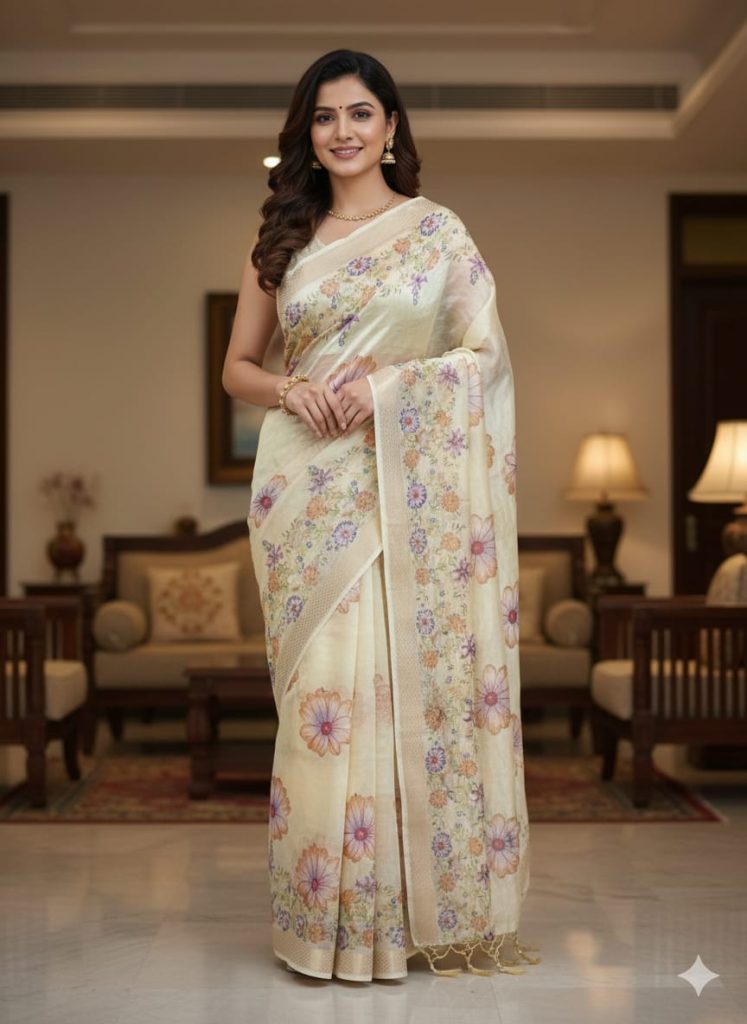Multi-Color Floral Appliqué Organza Saree