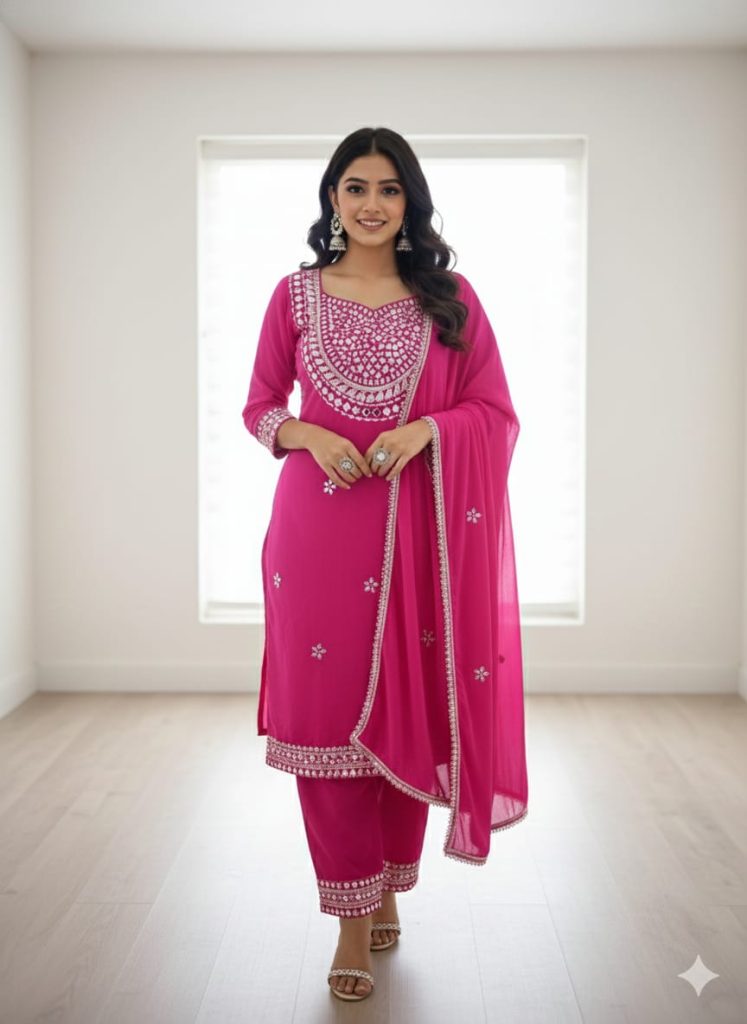 Hot Pink Georgette Kurta Set with Mirror Work & Embroidery