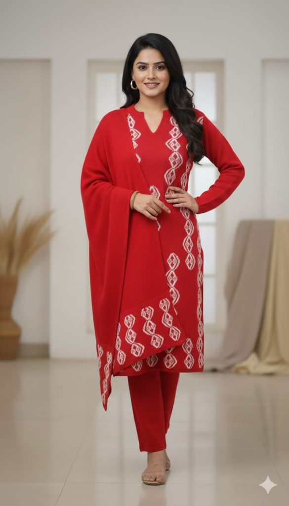 Red Geometric Pattern Woolen Kurta Set