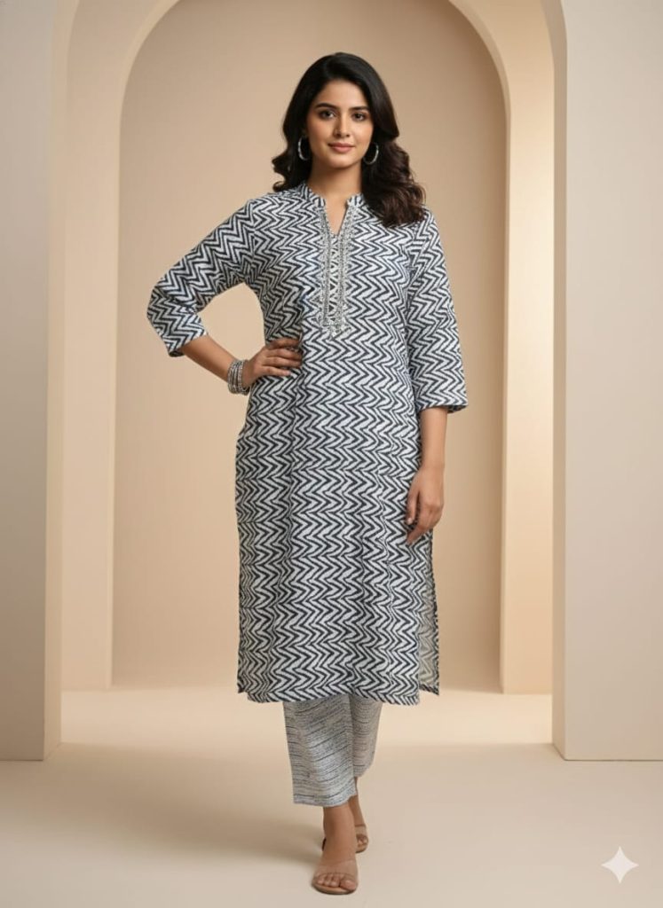 Zig-Zag Print Cotton Kurta Set