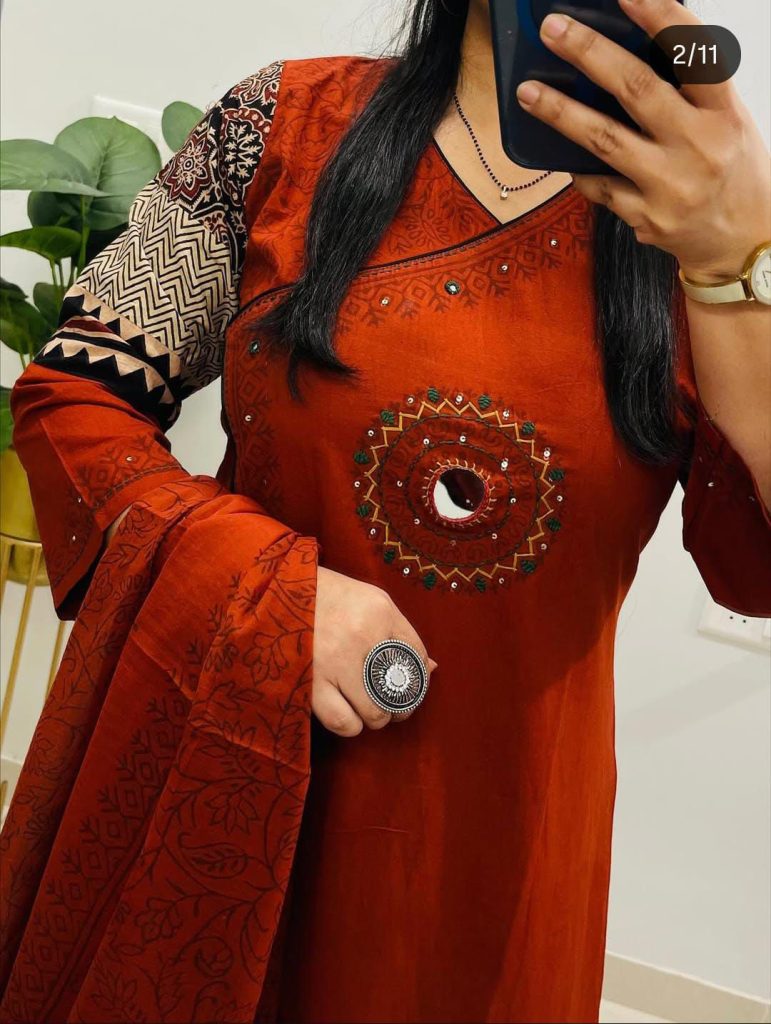 3 Piece Cotton Kurta Set with Ajrakh and Mirror Work.