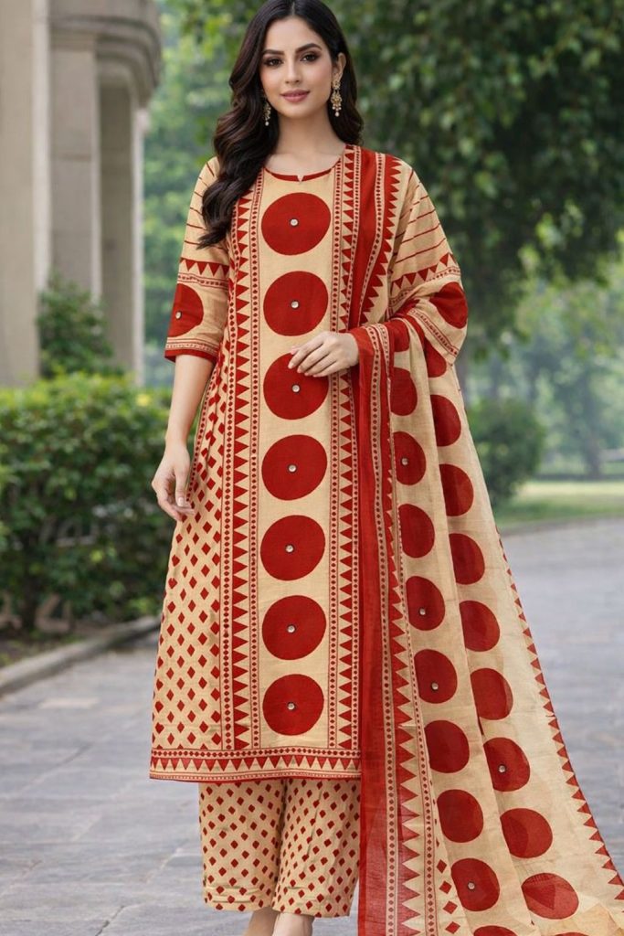 Geometric Print Cottan Salwar Suit Set with Dupatta