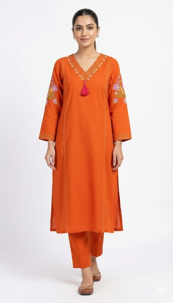 V-Neck Cotton Kurta Set with Dupatta
