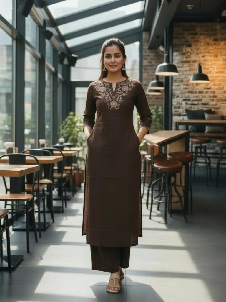 Brown Embroidered Kurta Sets