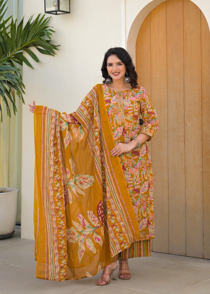 Floral Printed Kurta Set with Palazzo & Dupatta