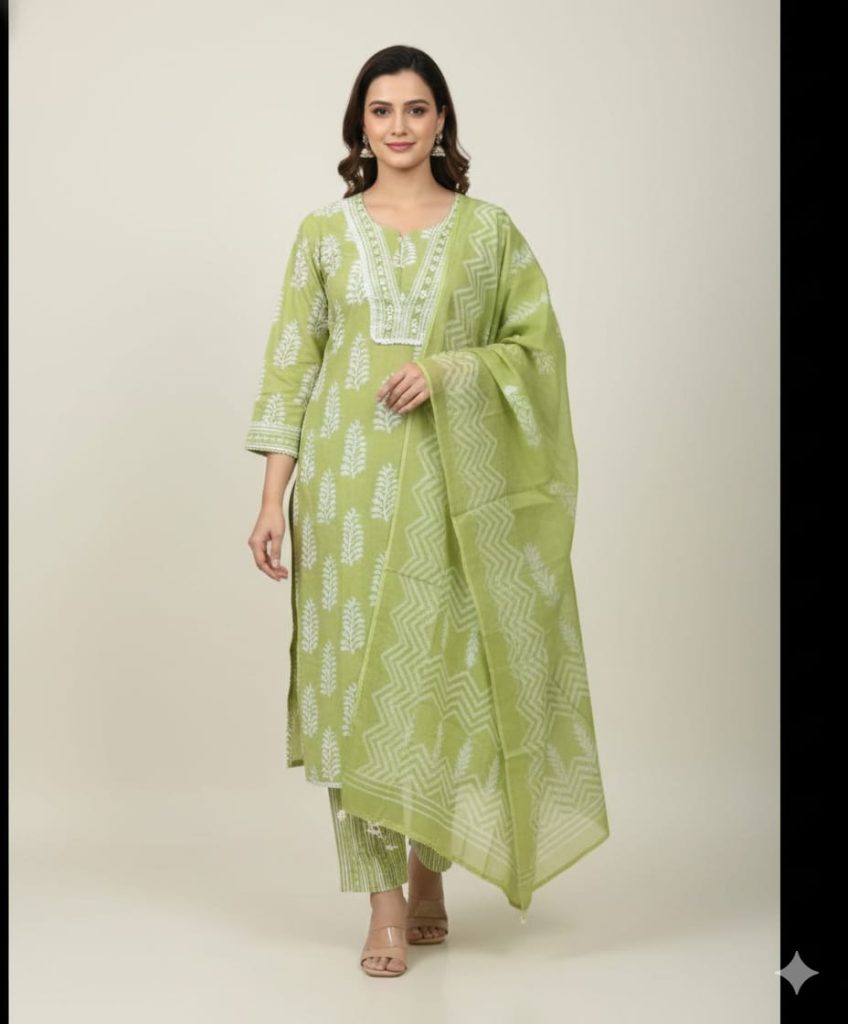 Three-Piece Embroidered Cotton Kurta Set