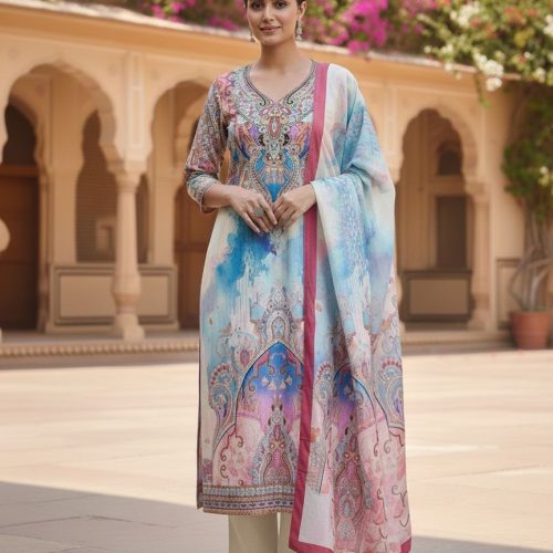 Floral Fusion Abstract Print Cotton Mix Fabric Straight Suit