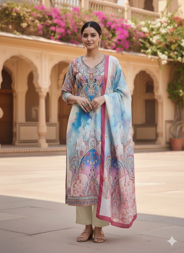 Floral Fusion Abstract Print Cotton Mix Fabric Straight Suit