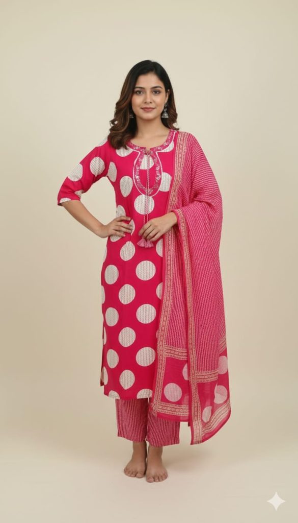 Polka-Dot & Stripes Cotton Kurta Set with Dupatta