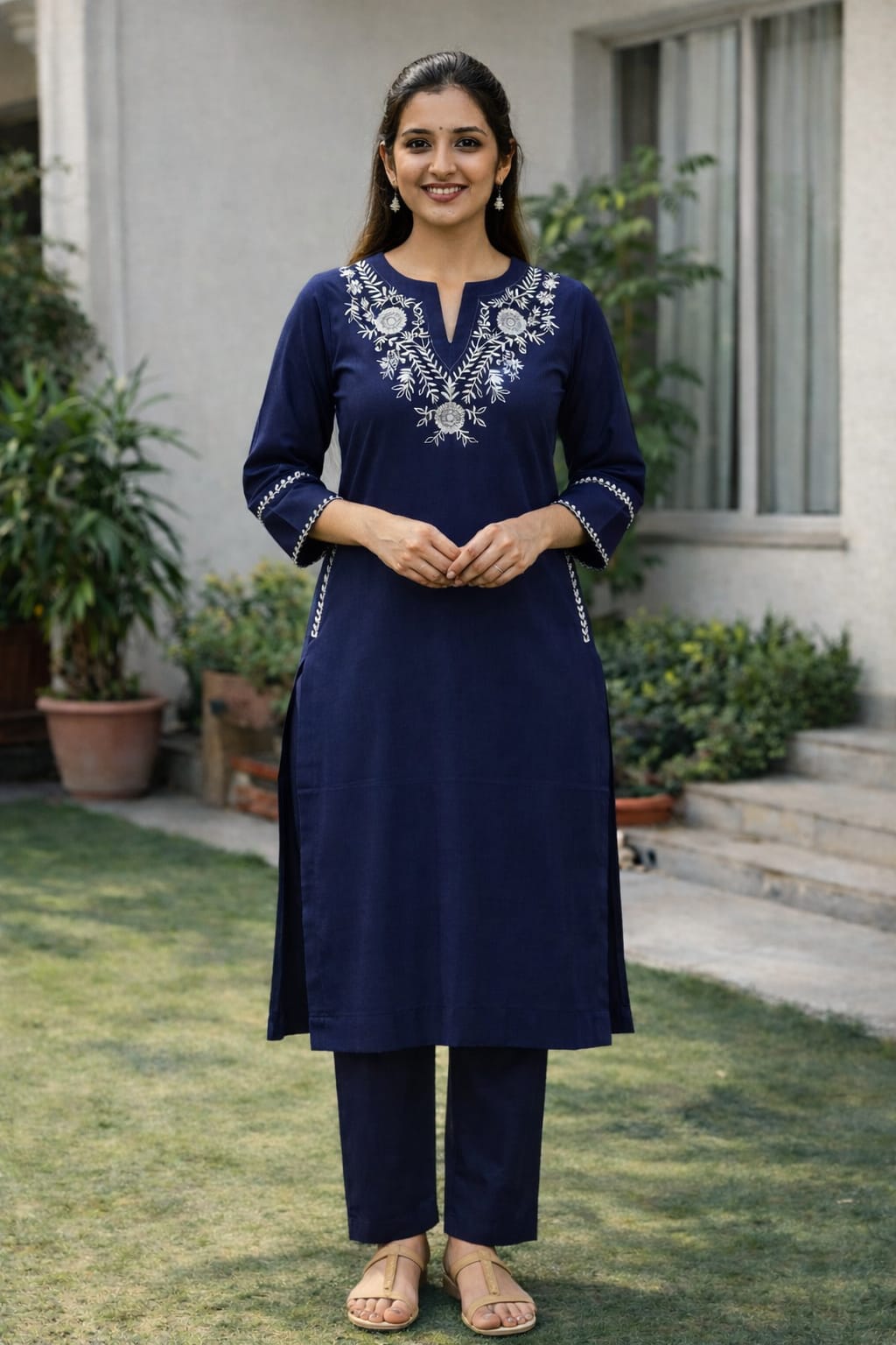 Cotton Kurta Set with V-Neck Floral Embroidery