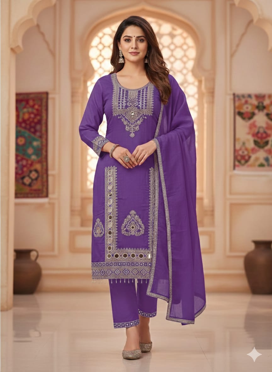 Embroidered Silk Straight Suit Set