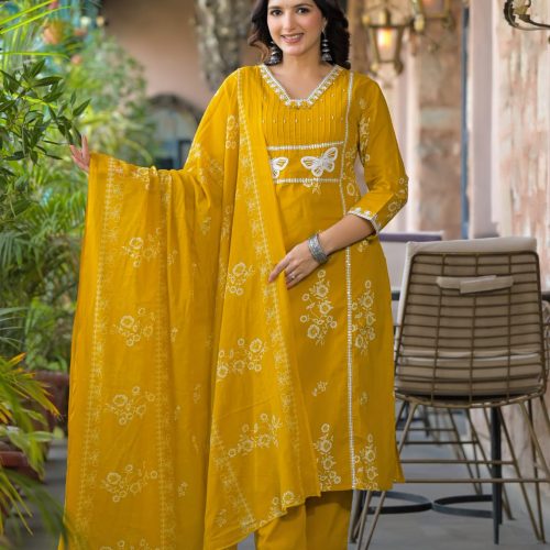 Mustard Butterfly Embroidered Kurta Set