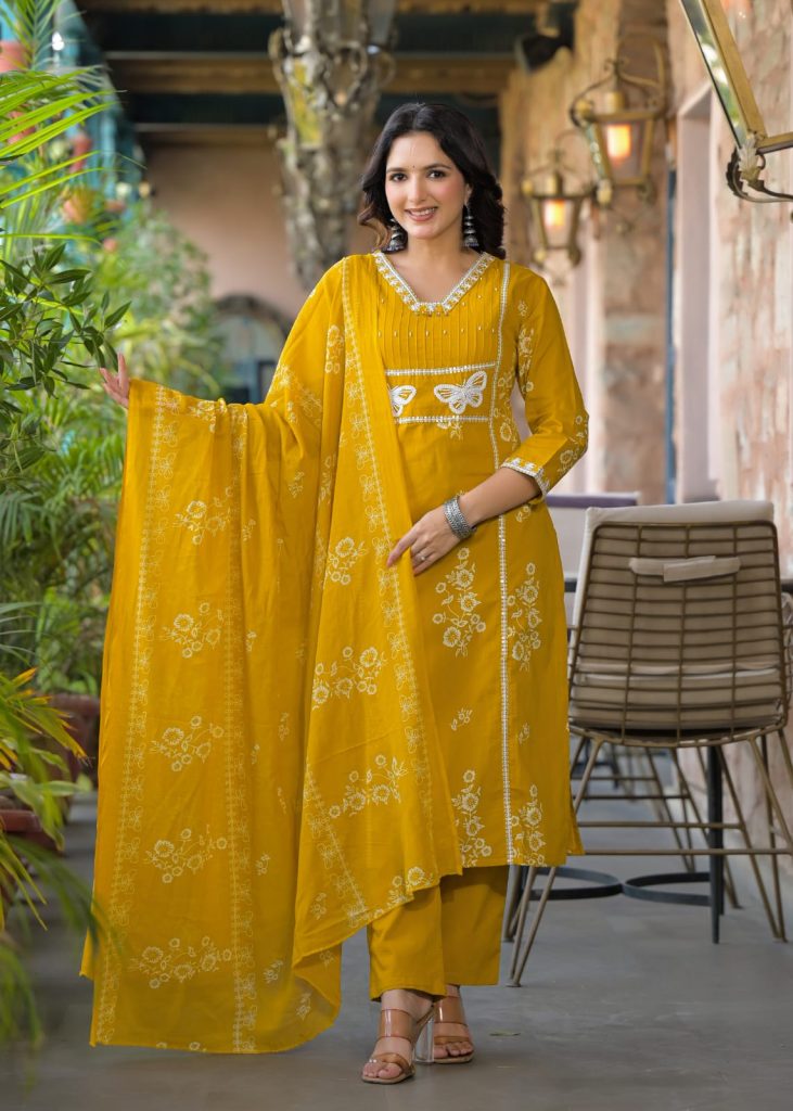 Mustard Butterfly Embroidered Kurta Set