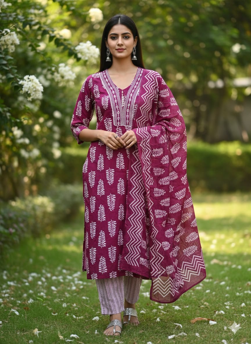 Handblock Printed Cotton Kurta Set with Dupatta