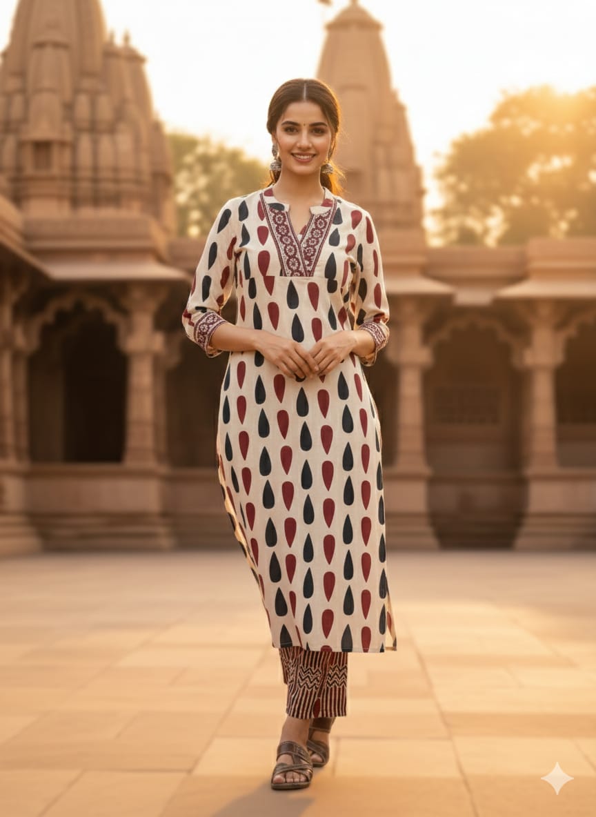 Handblock-Inspired Cotton Kurta Set