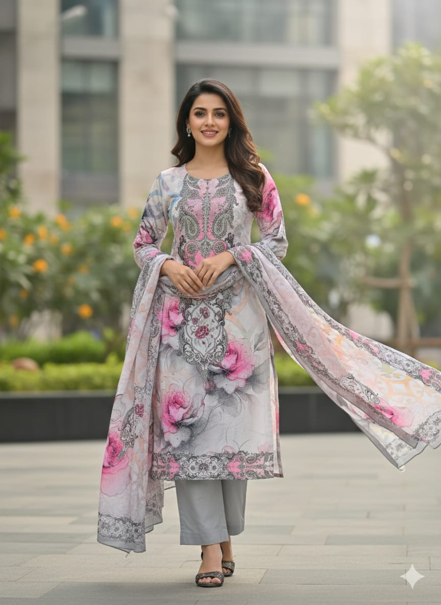 Rose Floral Digital Print Kurta Set with Dupatta