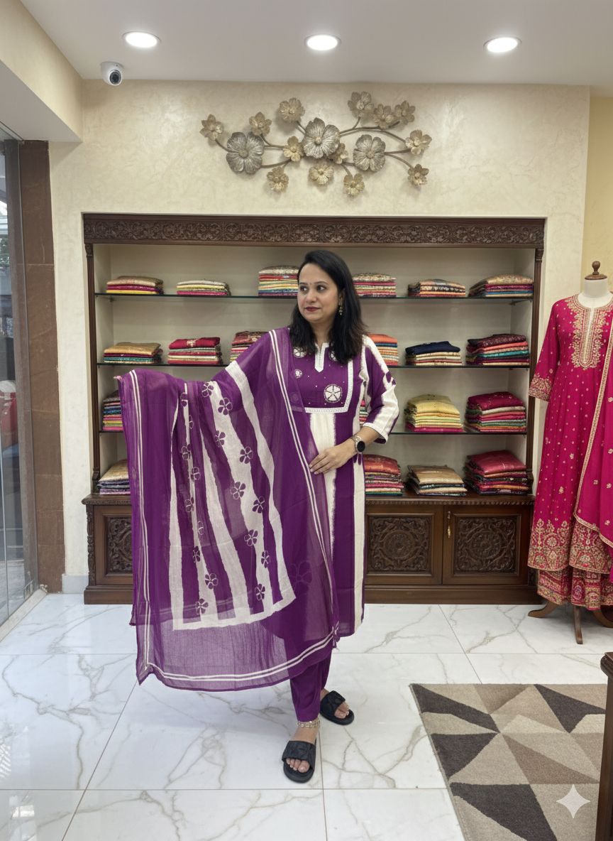 Hand-Block Print Reyon Cotton Salwar Suit Set