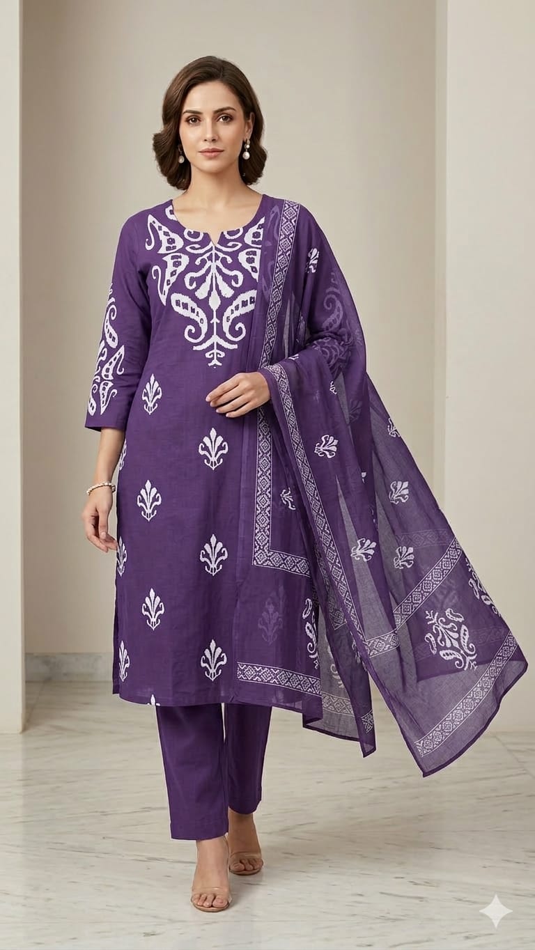 Floral Ikat Print Cotton Kurta Set with Dupatta