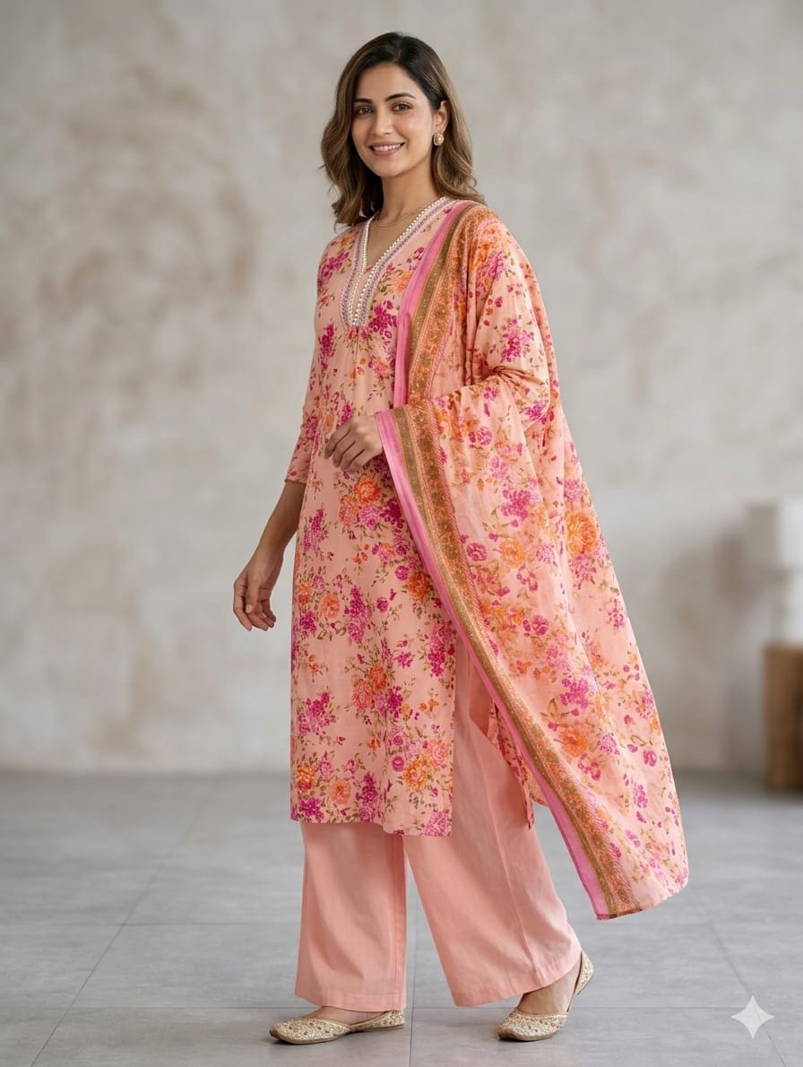 Peach Floral Print Cotton Kurta & Wide-Leg Palazzo Set