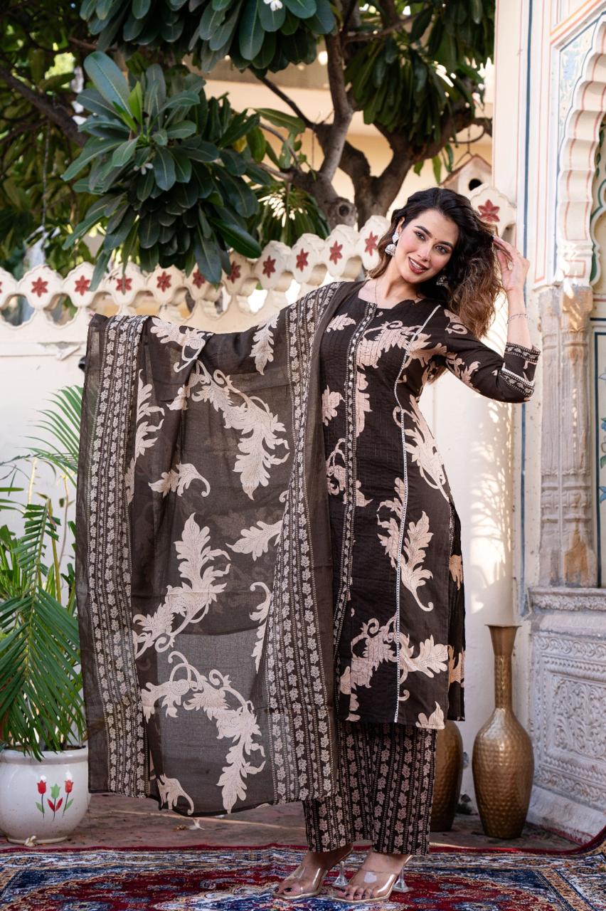 Floral Print Cotton Kurta Set with Dupatta