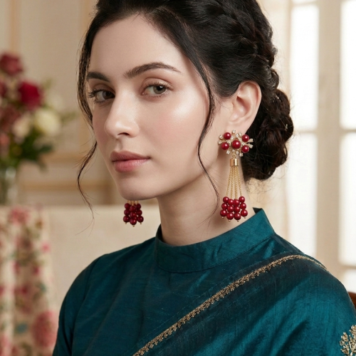 Handcrafted with Pearls, Crystals, and Premium Beads red colour