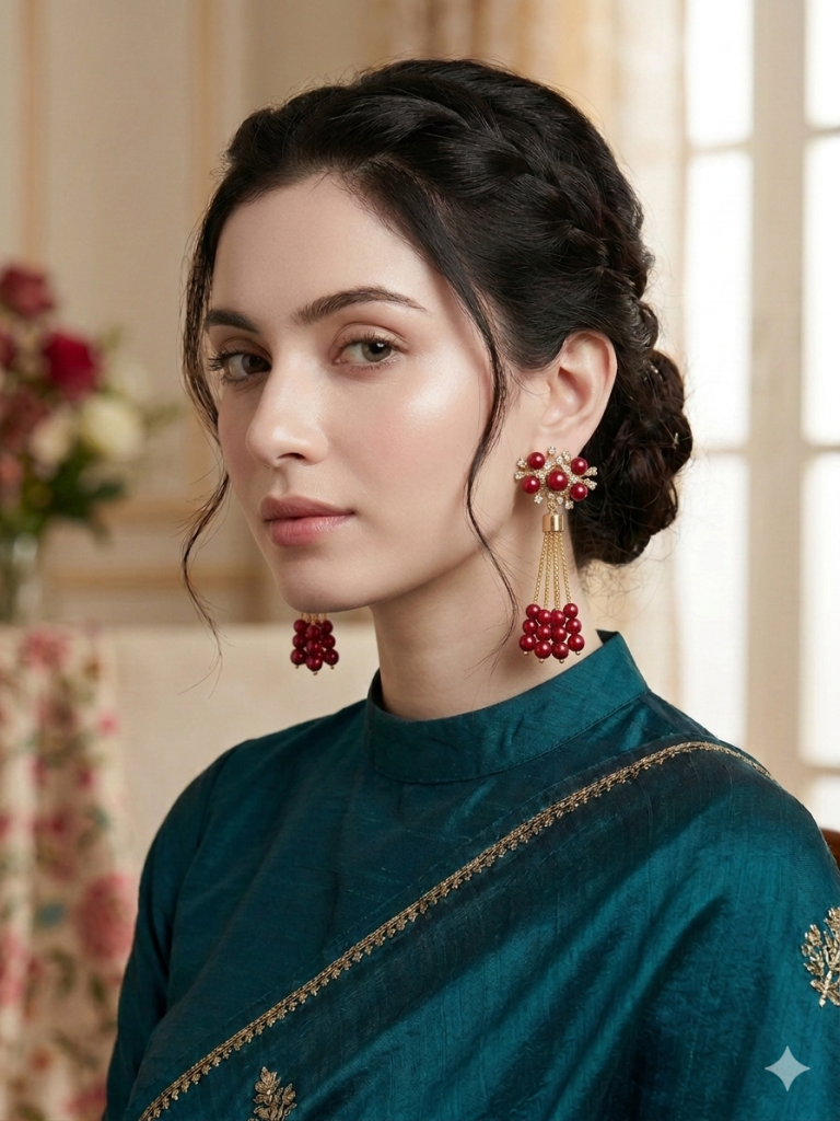 Handcrafted with Pearls, Crystals, and Premium Beads red colour