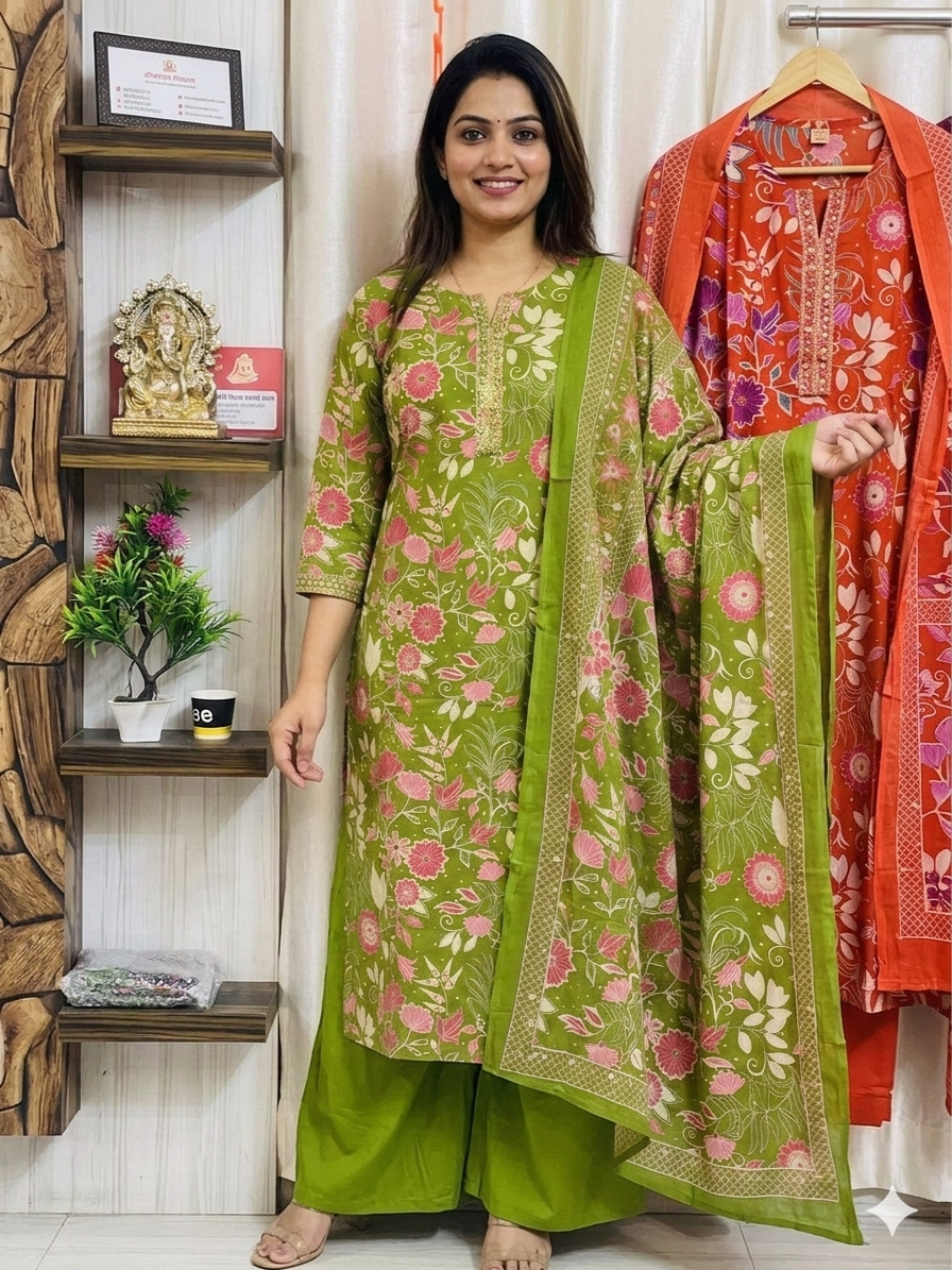 Green floral plazo 3 pc set