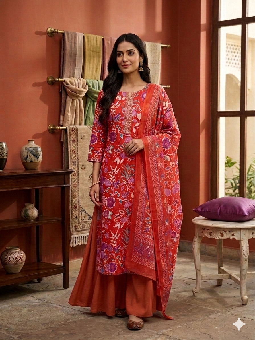 Rust floral plazo 3 pc set