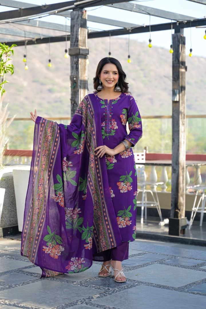Floral Print Cotton Salwar Suit Set with Dupatta.