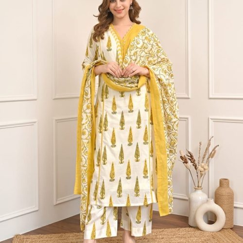 Elegant Hand-Block Floral 3-Piece Salwar Set